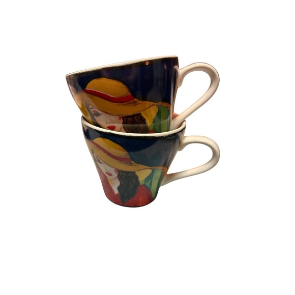 Misono Cafe Paris Art Deco Coffee Tea Mugs Set of 2 French Ladies with Hats - Picture 2 of 6